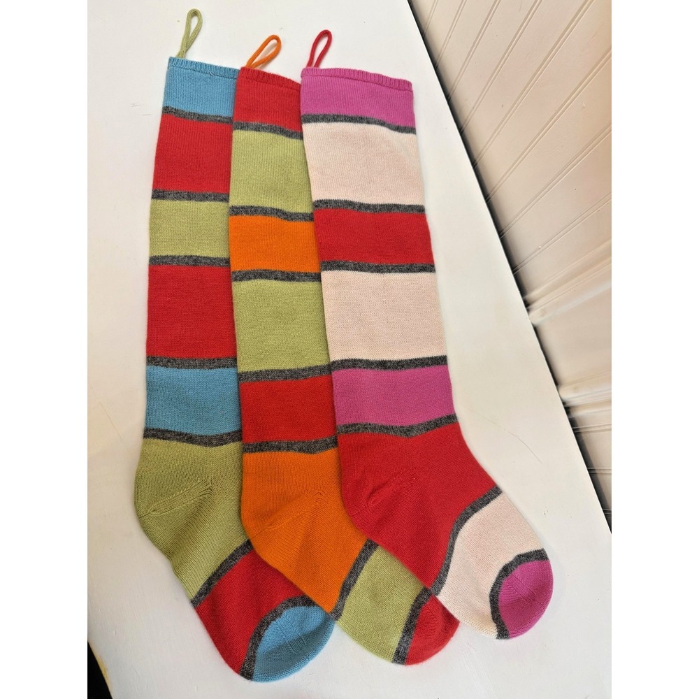 Garnet Hill Cashmere Christmas Stocking Set Of 3 Large Striped Mantel Decor